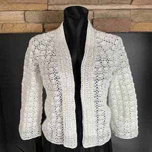 Handmade Knit Crochet Open Front Cardigan Sweater Boho White Silver Metallic S